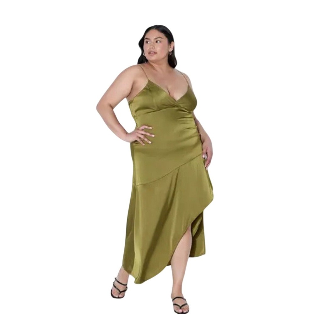 Wild Fable Women's Olive Green Satin Asymmetrical Maxi Sleeveless Dress Size XXL